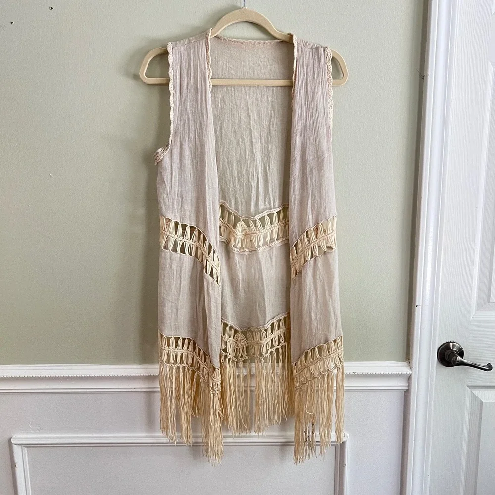 Boho Fringe Vest Womens OS Macrame Crochet Gauze Beige‎ Festival Kimono